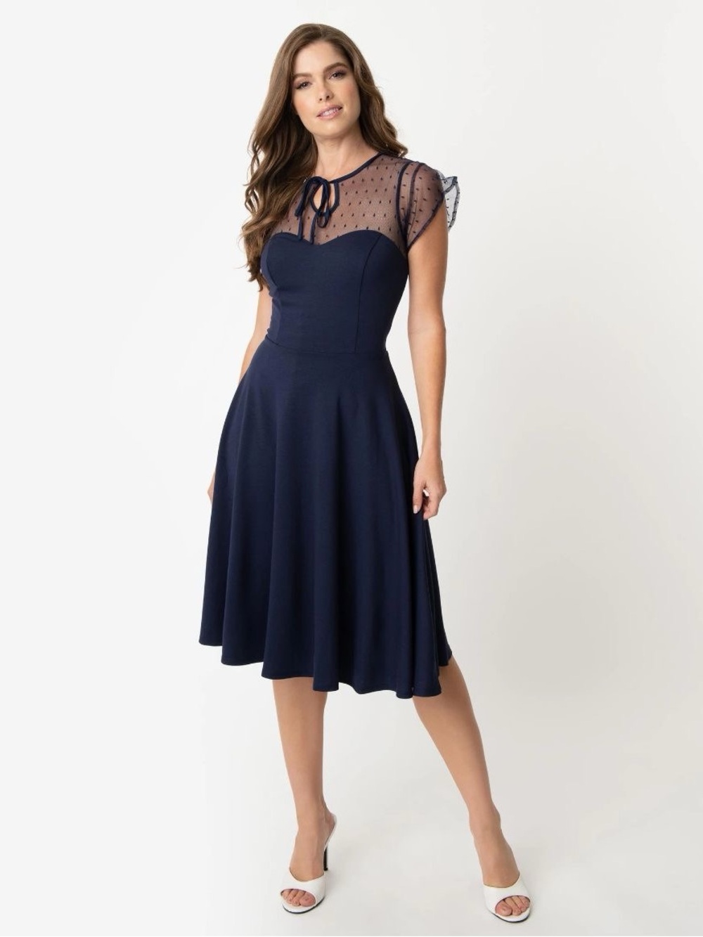Unique Vintage Navy Blue Mesh Dot Swing Dress